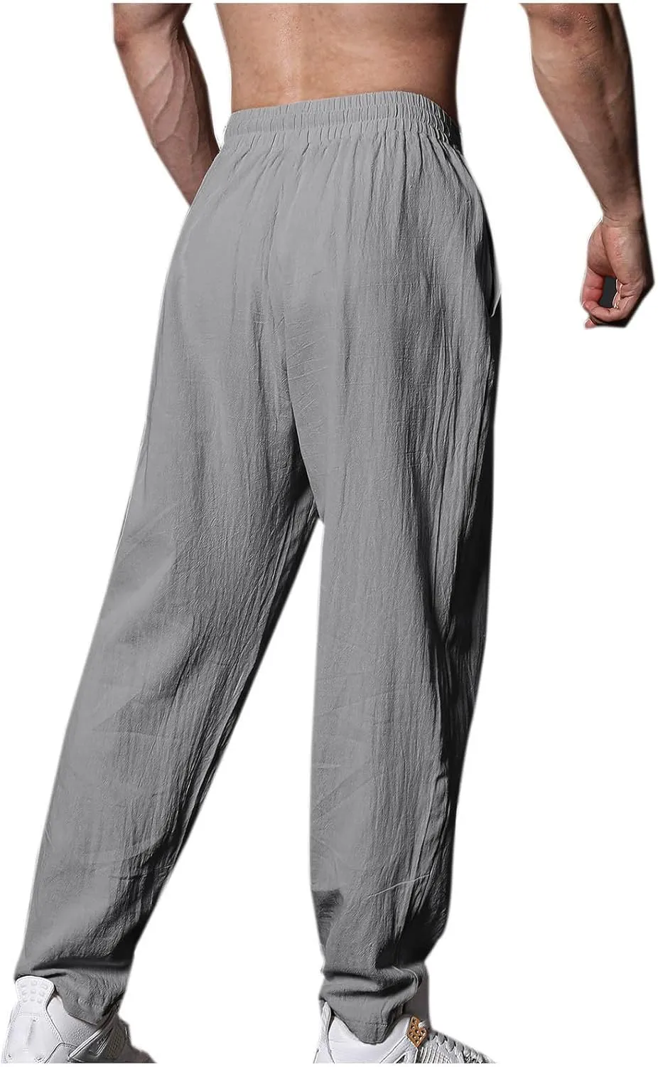 Linen Pants for Men Casual Elastic Waist Pants Straight Leg Ninth Pants Lightweight Lounge Pants Athletic Pants
