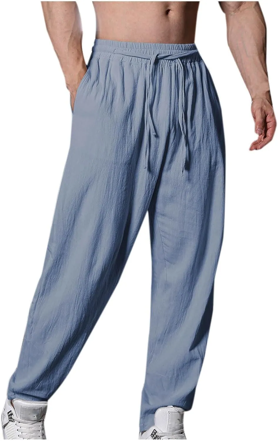 Linen Pants for Men Casual Elastic Waist Pants Straight Leg Ninth Pants Lightweight Lounge Pants Athletic Pants