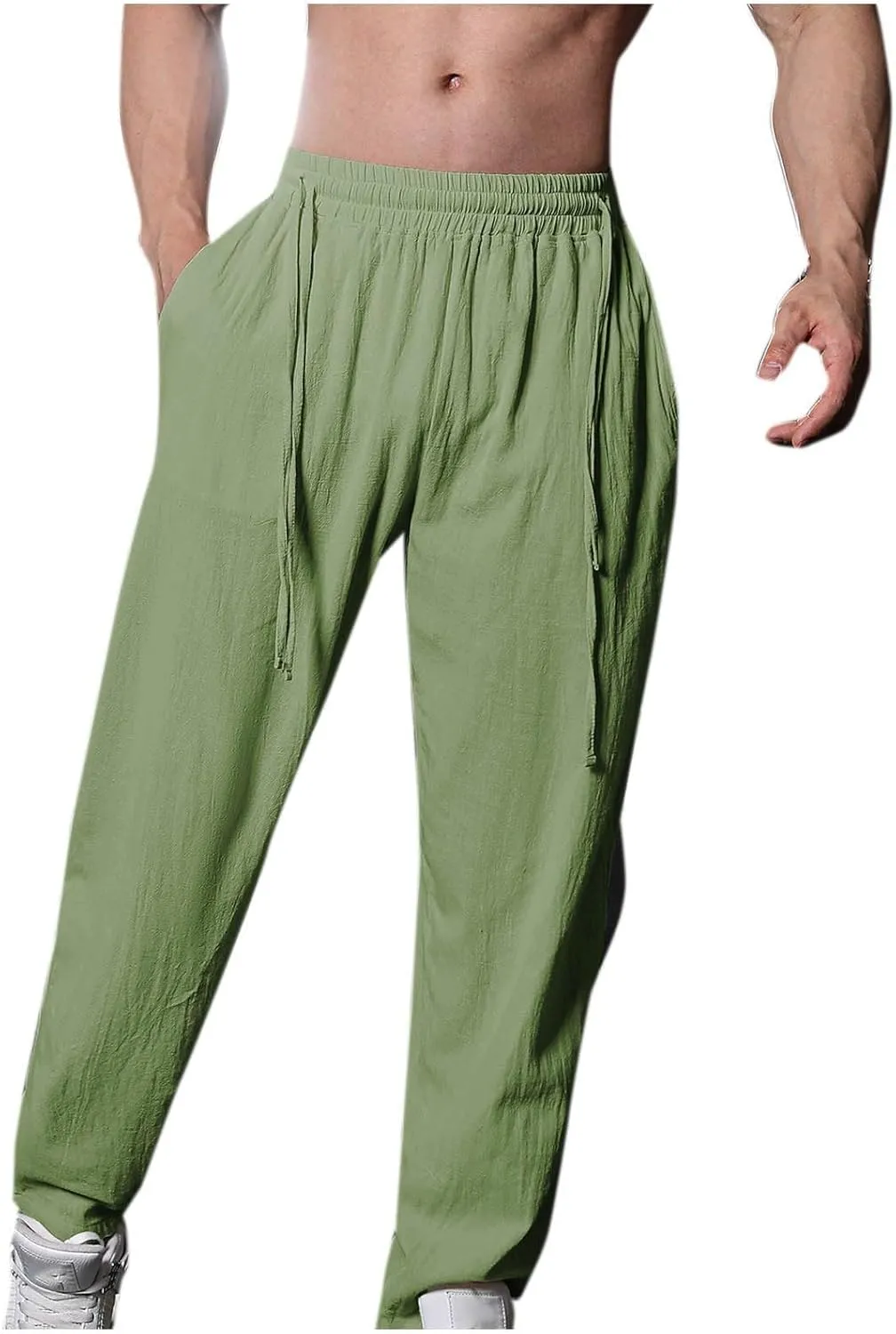 Linen Pants for Men Casual Elastic Waist Pants Straight Leg Ninth Pants Lightweight Lounge Pants Athletic Pants