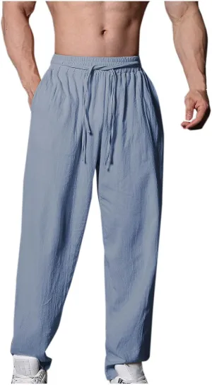 Linen Pants for Men Casual Elastic Waist Pants Straight Leg Ninth Pants Lightweight Lounge Pants Athletic Pants