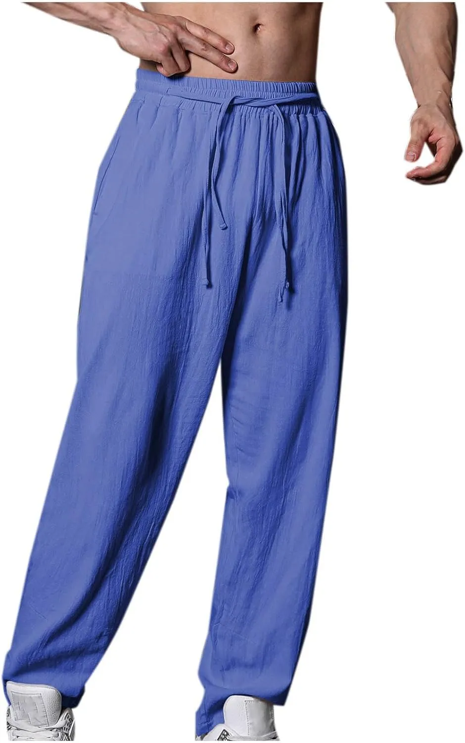 Linen Pants for Men Casual Elastic Waist Pants Straight Leg Ninth Pants Lightweight Lounge Pants Athletic Pants