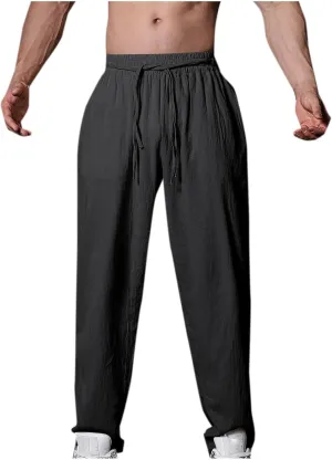 Linen Pants for Men Casual Elastic Waist Pants Straight Leg Ninth Pants Lightweight Lounge Pants Athletic Pants