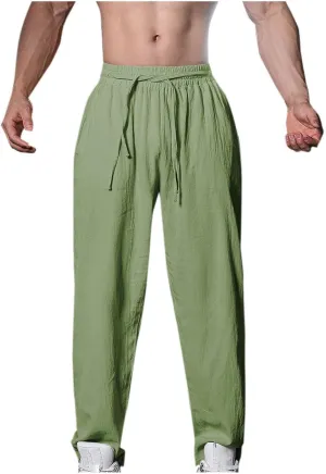 Linen Pants for Men Casual Elastic Waist Pants Straight Leg Ninth Pants Lightweight Lounge Pants Athletic Pants