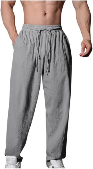 Linen Pants for Men Casual Elastic Waist Pants Straight Leg Ninth Pants Lightweight Lounge Pants Athletic Pants