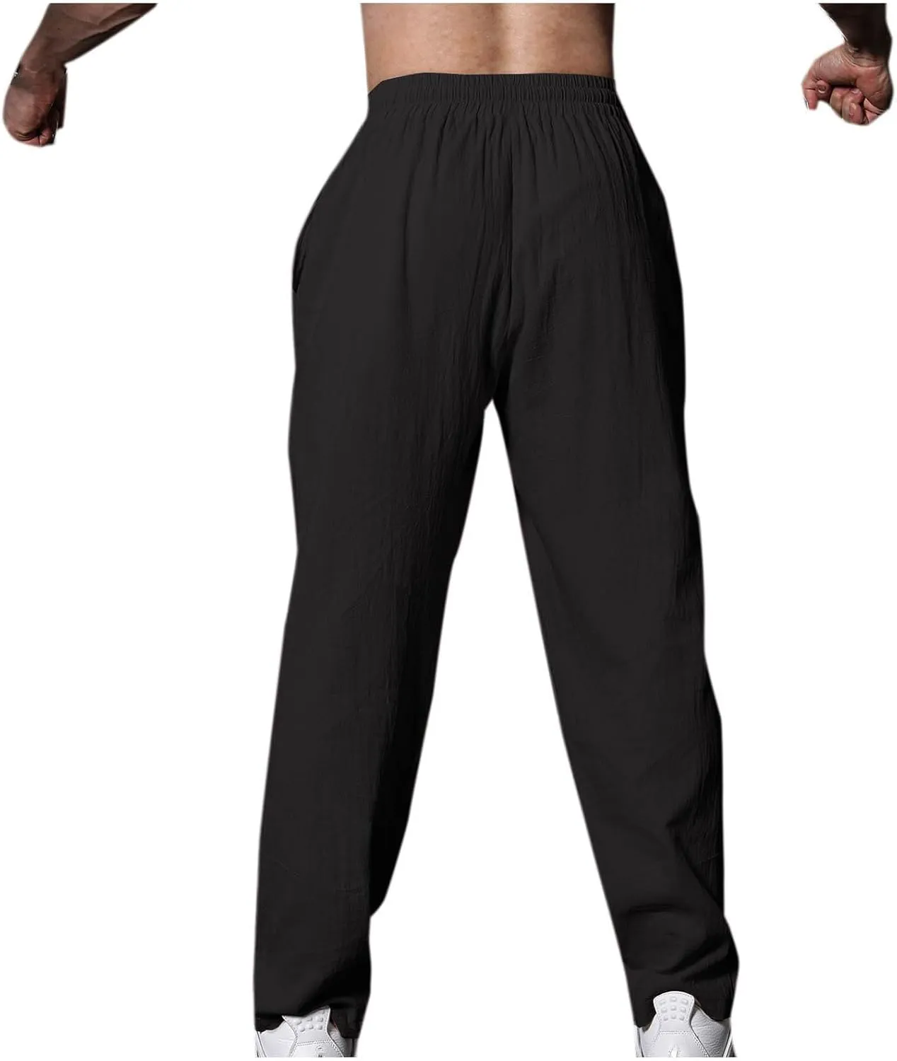 Linen Pants for Men Casual Elastic Waist Pants Straight Leg Ninth Pants Lightweight Lounge Pants Athletic Pants