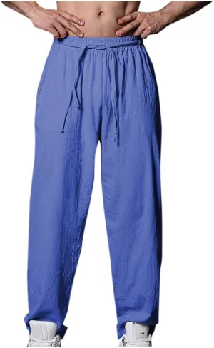 Linen Pants for Men Casual Elastic Waist Pants Straight Leg Ninth Pants Lightweight Lounge Pants Athletic Pants