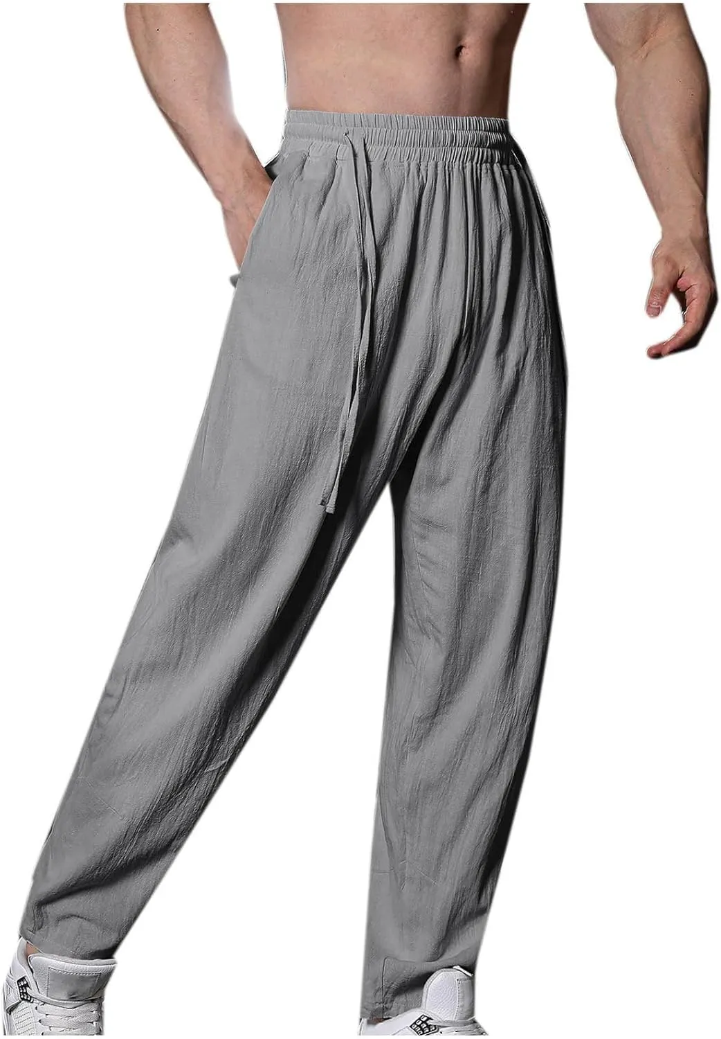 Linen Pants for Men Casual Elastic Waist Pants Straight Leg Ninth Pants Lightweight Lounge Pants Athletic Pants