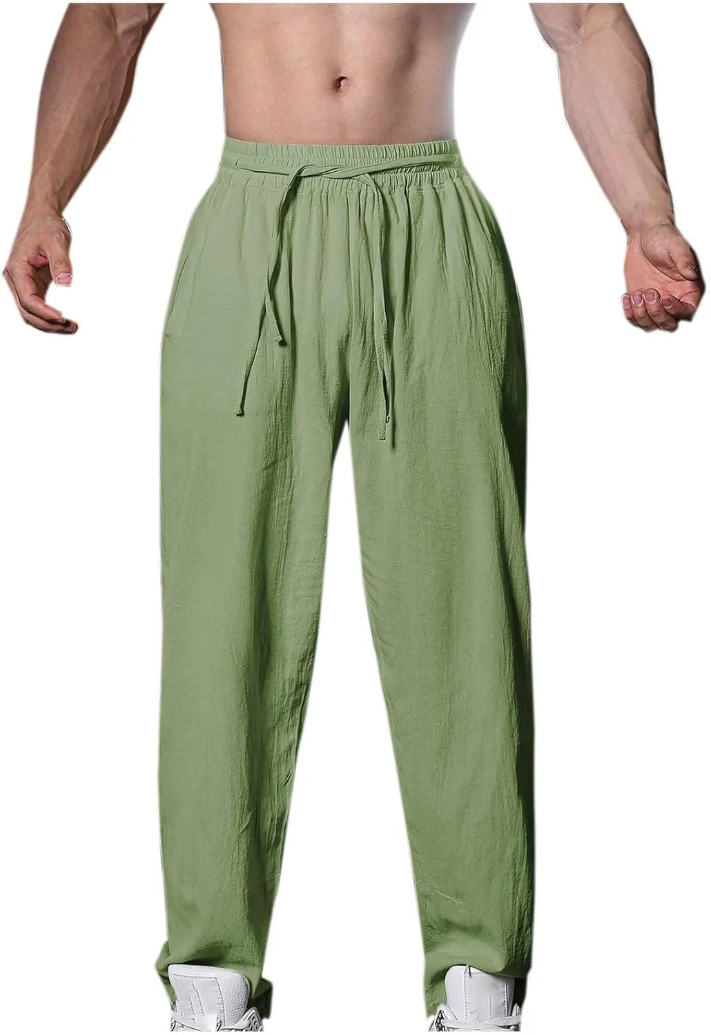Linen Pants for Men Casual Elastic Waist Pants Straight Leg Ninth Pants Lightweight Lounge Pants Athletic Pants