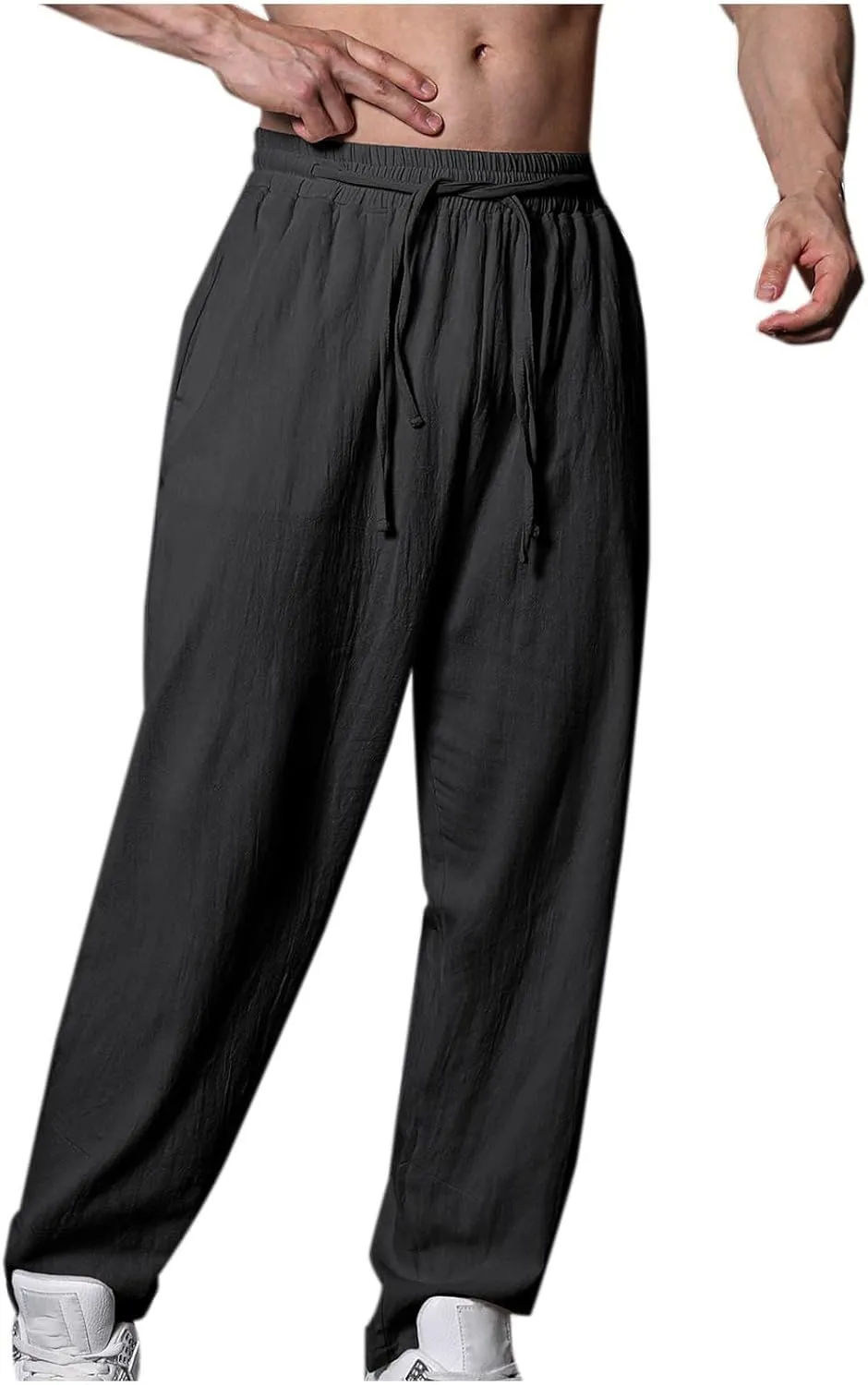 Linen Pants for Men Casual Elastic Waist Pants Straight Leg Ninth Pants Lightweight Lounge Pants Athletic Pants