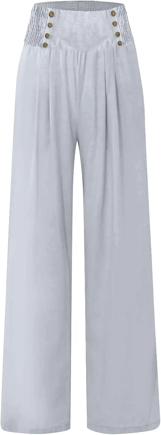 Linen Pants for Women Flowy Elastic High Waisted Wide Leg Pants Summer Lounge Pants Loose Palazzo Pants