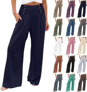 Linen Pants for Women Flowy Elastic High Waisted Wide Leg Pants Summer Lounge Pants Loose Palazzo Pants