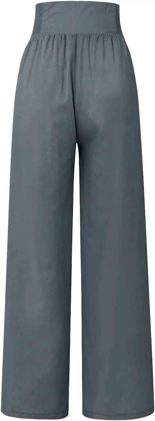 Linen Pants for Women Flowy Elastic High Waisted Wide Leg Pants Summer Lounge Pants Loose Palazzo Pants