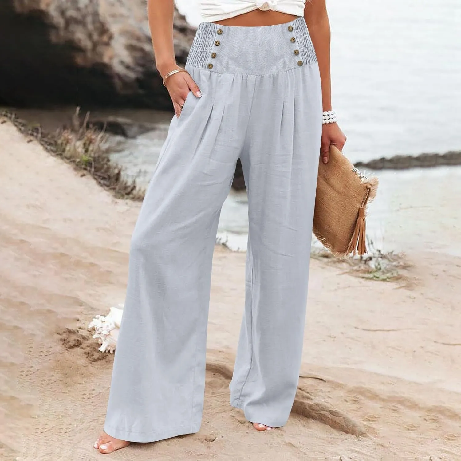Linen Pants for Women Flowy Elastic High Waisted Wide Leg Pants Summer Lounge Pants Loose Palazzo Pants