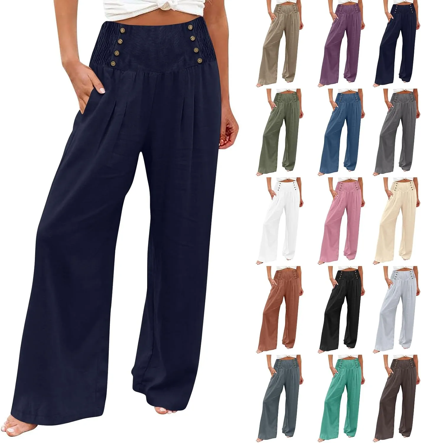 Linen Pants for Women Flowy Elastic High Waisted Wide Leg Pants Summer Lounge Pants Loose Palazzo Pants
