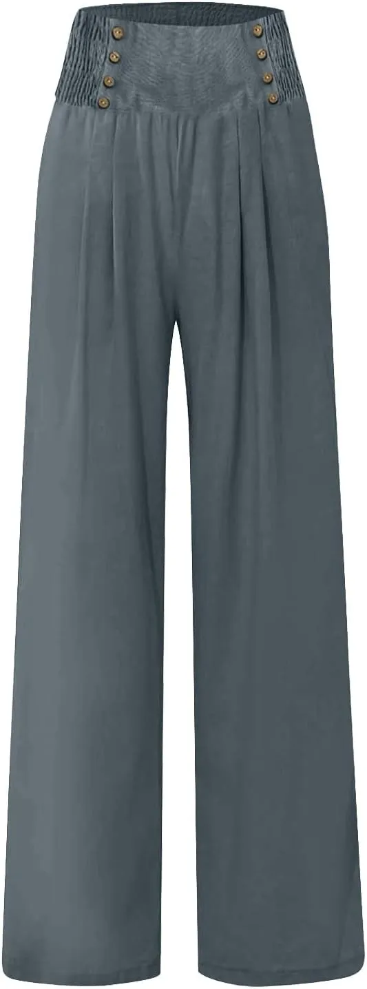 Linen Pants for Women Flowy Elastic High Waisted Wide Leg Pants Summer Lounge Pants Loose Palazzo Pants
