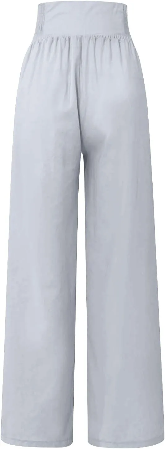 Linen Pants for Women Flowy Elastic High Waisted Wide Leg Pants Summer Lounge Pants Loose Palazzo Pants