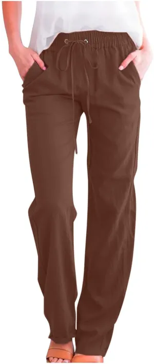 Linen Pants Women Casual Straight Leg Pants High Waisted Drawstring Pants Summer Beach Pants Loose Fit Trousers