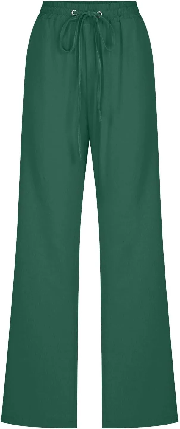 Linen Pants Women Casual Straight Leg Pants High Waisted Drawstring Pants Summer Beach Pants Loose Fit Trousers