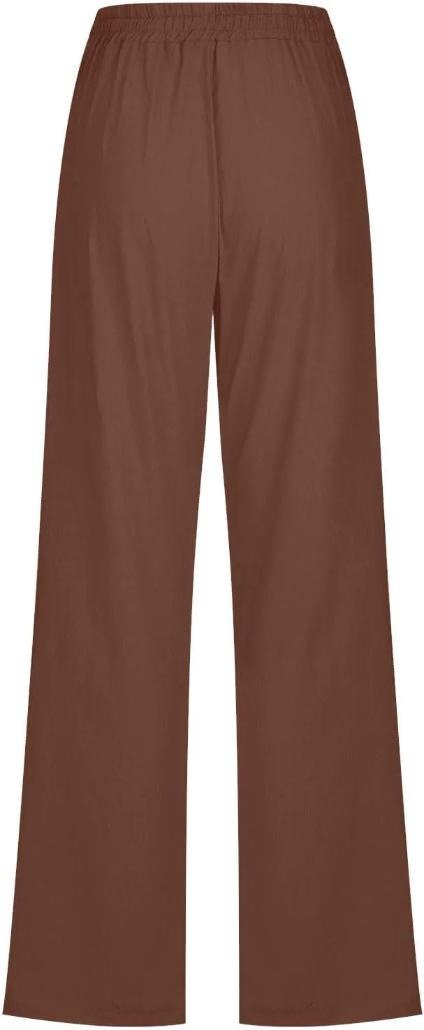 Linen Pants Women Casual Straight Leg Pants High Waisted Drawstring Pants Summer Beach Pants Loose Fit Trousers