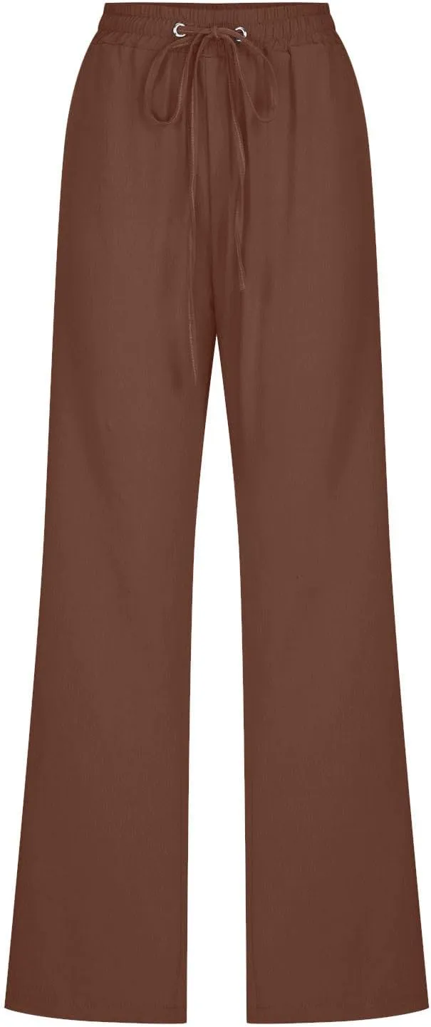 Linen Pants Women Casual Straight Leg Pants High Waisted Drawstring Pants Summer Beach Pants Loose Fit Trousers