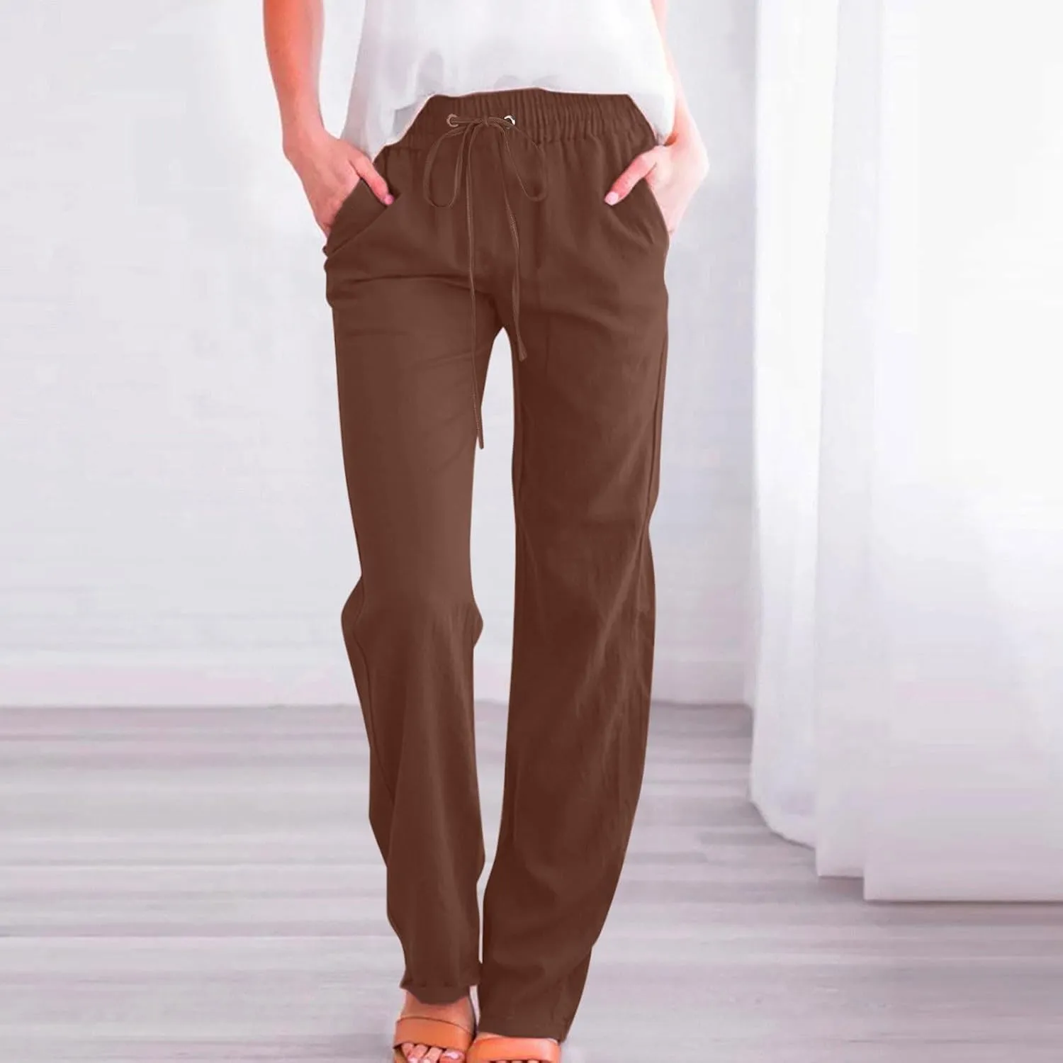Linen Pants Women Casual Straight Leg Pants High Waisted Drawstring Pants Summer Beach Pants Loose Fit Trousers