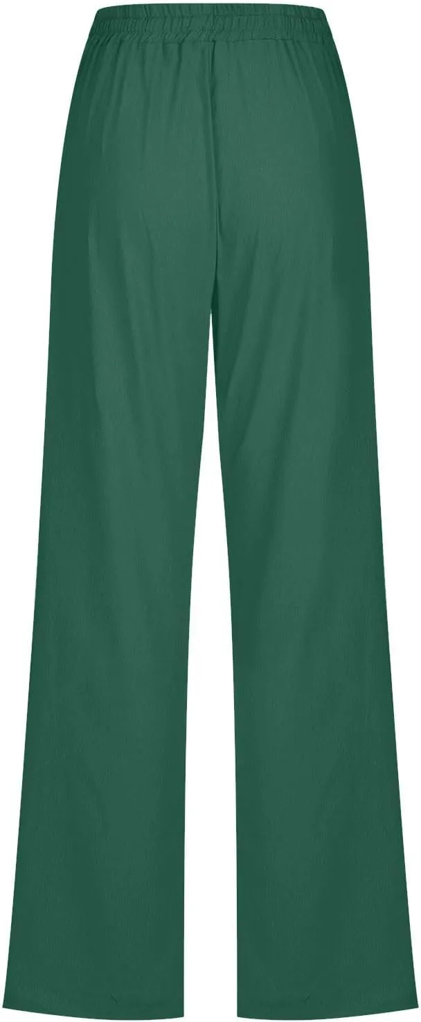 Linen Pants Women Casual Straight Leg Pants High Waisted Drawstring Pants Summer Beach Pants Loose Fit Trousers