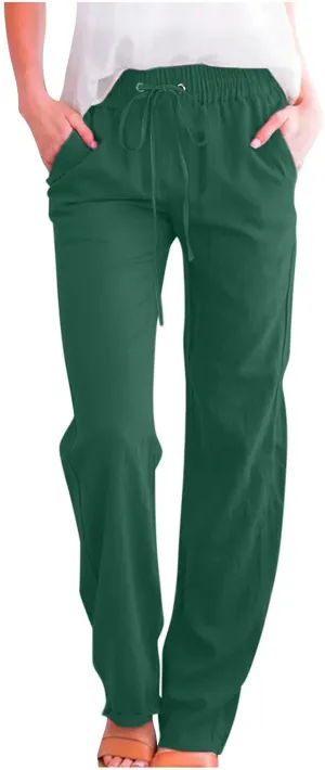 Linen Pants Women Casual Straight Leg Pants High Waisted Drawstring Pants Summer Beach Pants Loose Fit Trousers