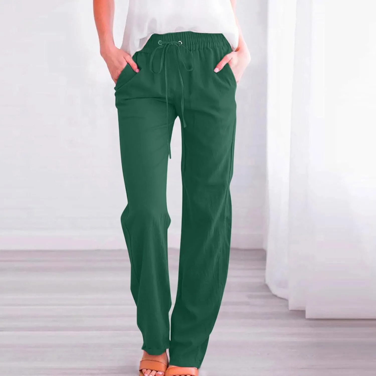 Linen Pants Women Casual Straight Leg Pants High Waisted Drawstring Pants Summer Beach Pants Loose Fit Trousers