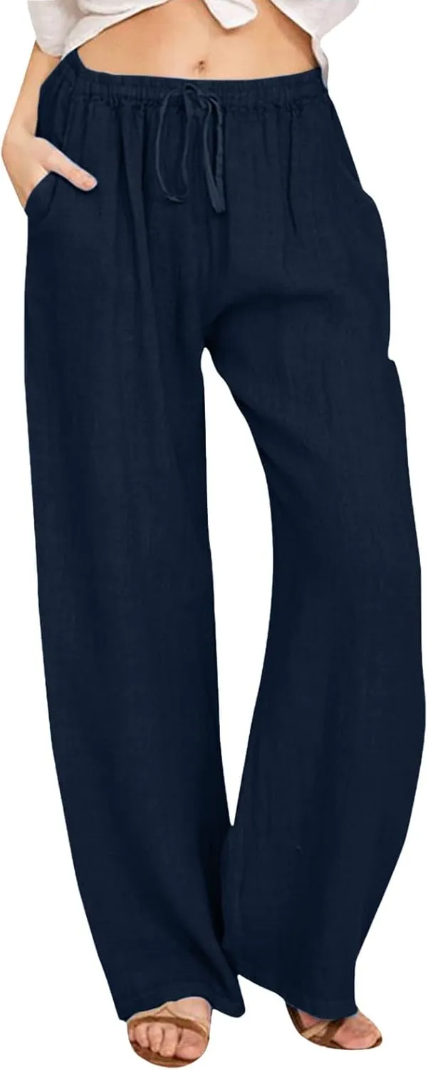 Linen Pants Women Summer Wide Leg Pants Drawstring Elastic Waist Pants High Waisted Lounge Pants Casual Beach Trousers 2025