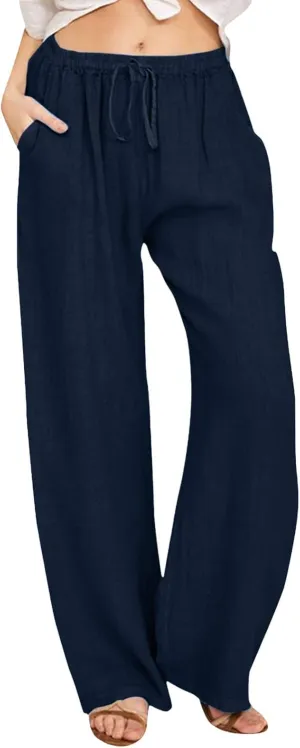 Linen Pants Women Summer Wide Leg Pants Drawstring Elastic Waist Pants High Waisted Lounge Pants Casual Beach Trousers 2025