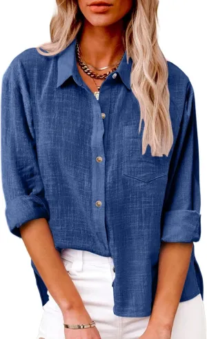 Linen Shirts for Women Lightweight Gauze Tops,Lapel Button Boho Crewneck Tops,Casual Blouses Clothes