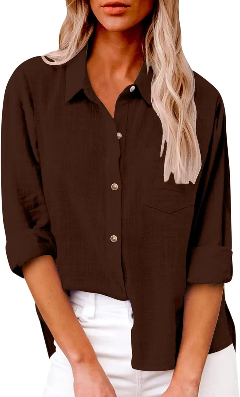 Linen Shirts for Women Lightweight Gauze Tops,Lapel Button Boho Crewneck Tops,Casual Blouses Clothes