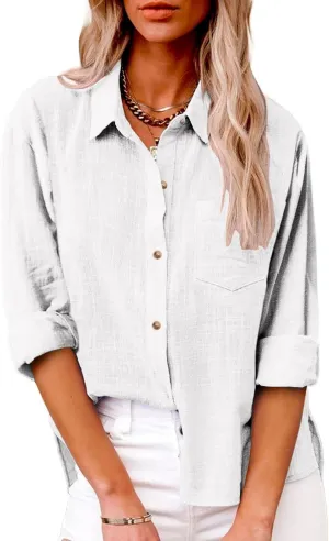 Linen Shirts for Women Lightweight Gauze Tops,Lapel Button Boho Crewneck Tops,Casual Blouses Clothes
