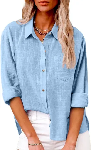 Linen Shirts for Women Lightweight Gauze Tops,Lapel Button Boho Crewneck Tops,Casual Blouses Clothes