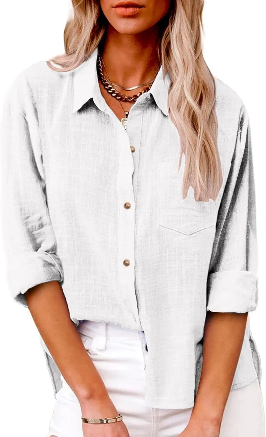 Linen Shirts for Women Lightweight Gauze Tops,Lapel Button Boho Crewneck Tops,Casual Blouses Clothes