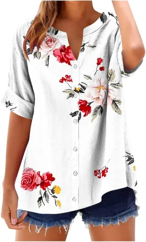 Linen Shirts Women Loose Fit Roll Up Short Sleeve Blouse Notch V Neck Button Down Tops Cute Print T-Shirt Summer 2025