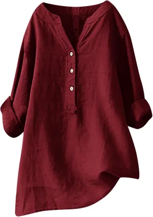 Linen Tops for Women Plus Sized Long Sleeve V-Neck Blouse Tops Casual Solid Color Spring Oclothes