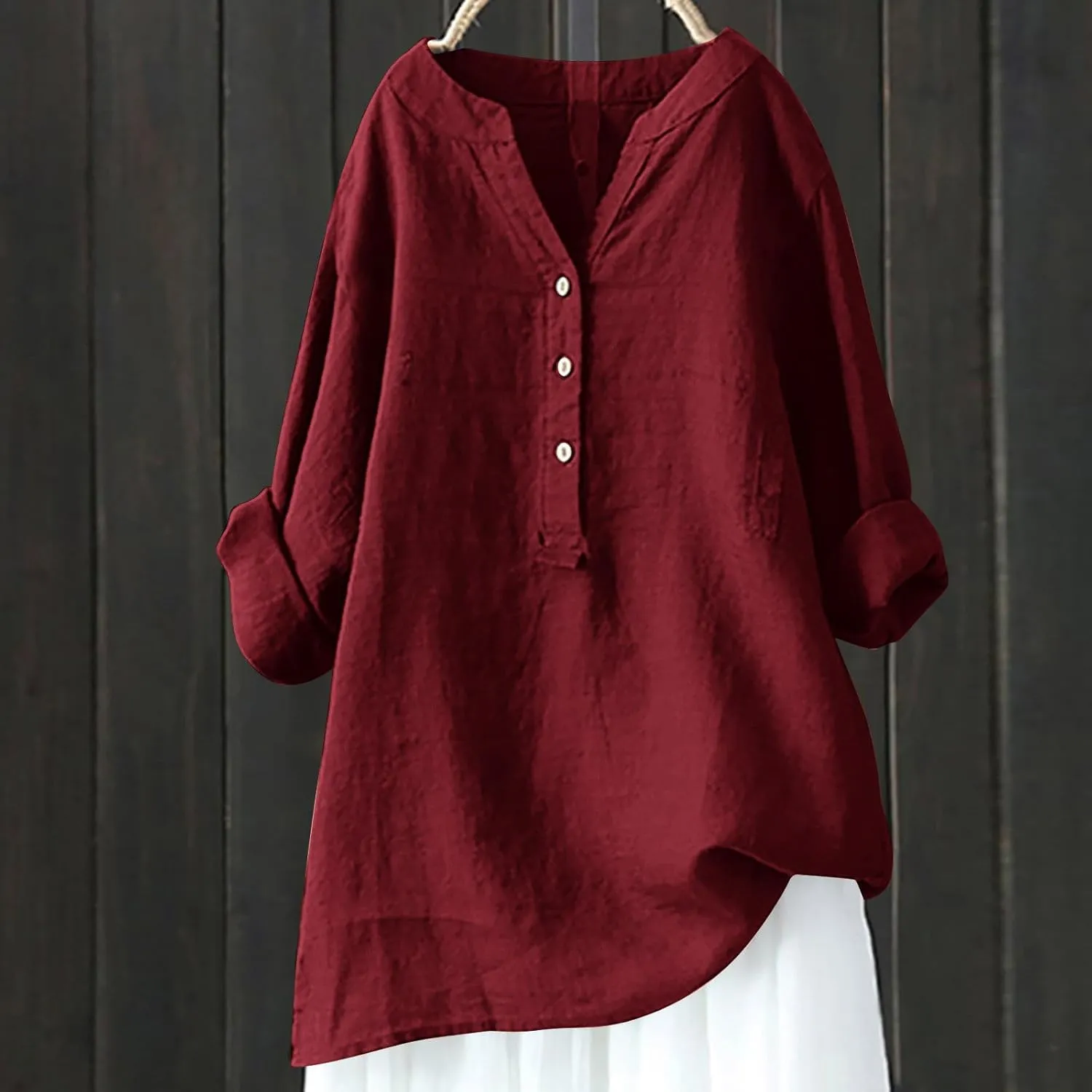 Linen Tops for Women Plus Sized Long Sleeve V-Neck Blouse Tops Casual Solid Color Spring Oclothes