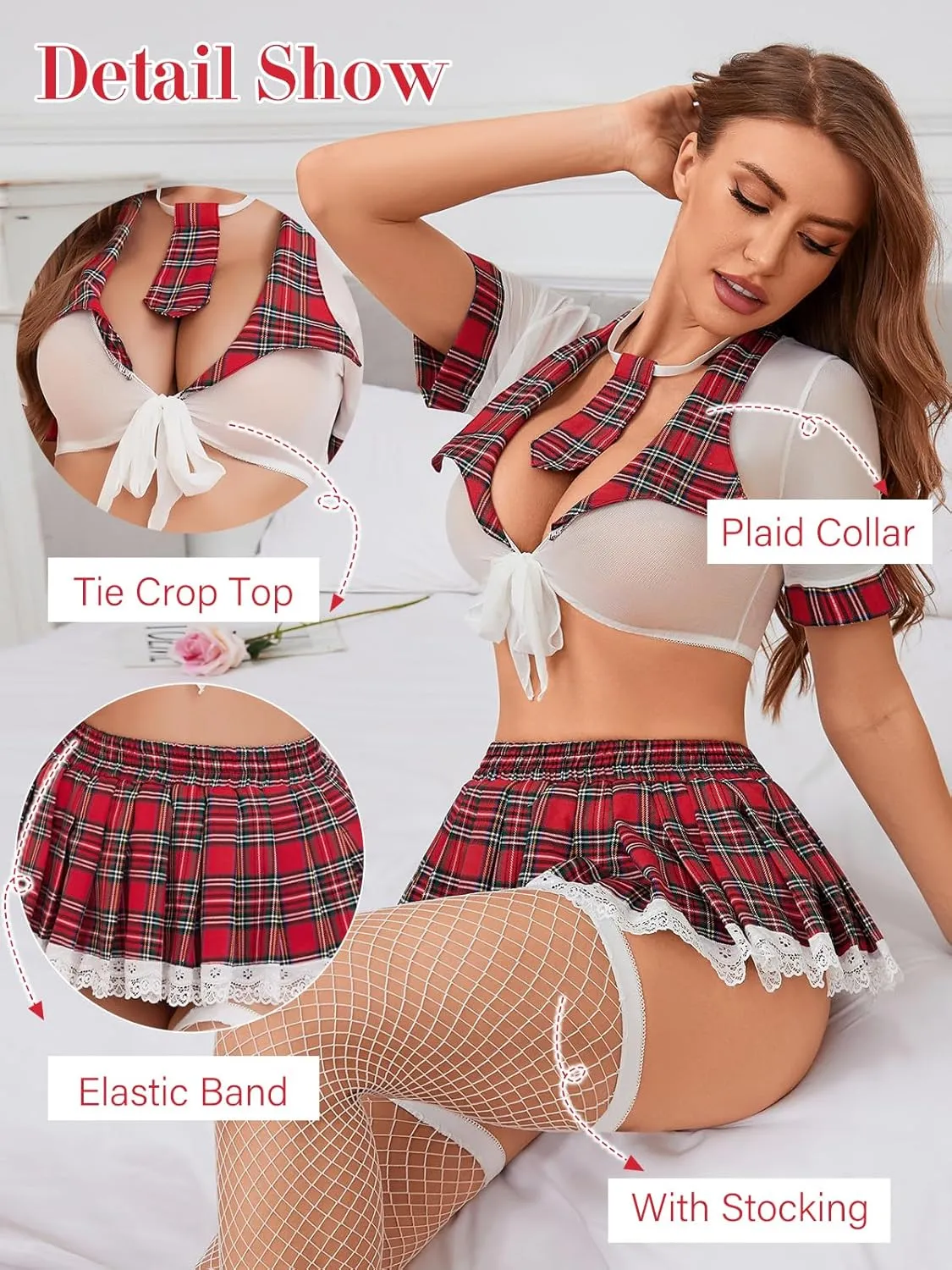 Lingerie for Women Schoolgirl Costume 0utfit Lingerie Set Student Cosplay Tie Top and Mini Skirt with Stocking