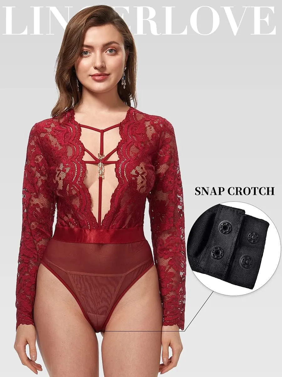 LINGERLOVE Sexy Lingerie for Women Long Sleeve Lace Teddy Bodysuit Plus Size One Piece Babydoll Lingerie S-4XL