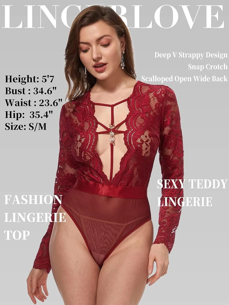 LINGERLOVE Sexy Lingerie for Women Long Sleeve Lace Teddy Bodysuit Plus Size One Piece Babydoll Lingerie S-4XL