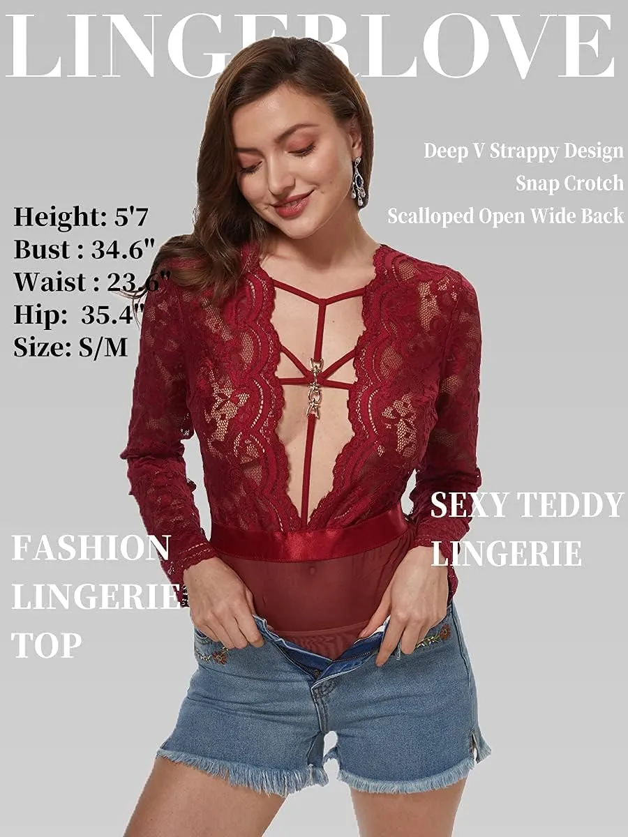 LINGERLOVE Sexy Lingerie for Women Long Sleeve Lace Teddy Bodysuit Plus Size One Piece Babydoll Lingerie S-4XL