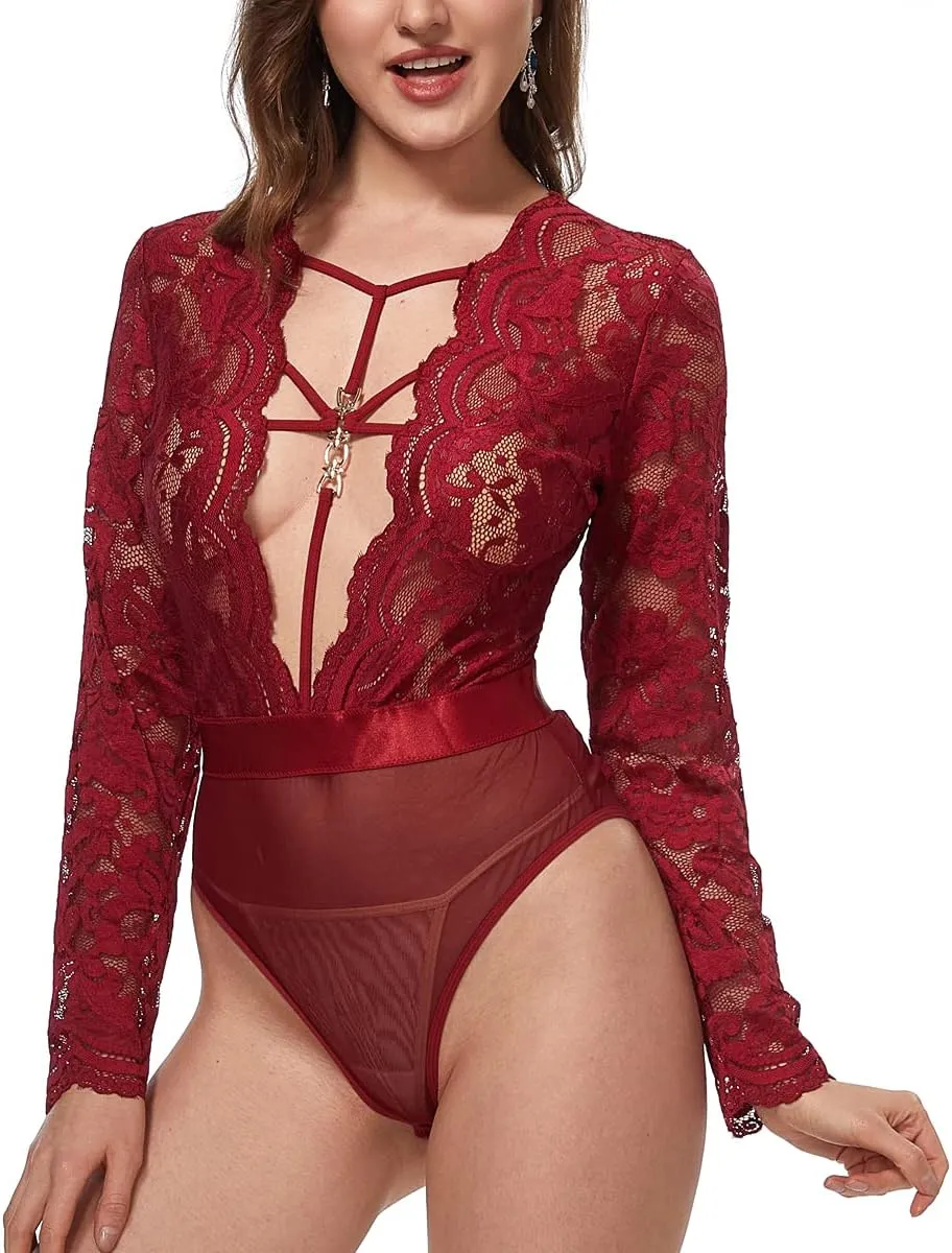 LINGERLOVE Sexy Lingerie for Women Long Sleeve Lace Teddy Bodysuit Plus Size One Piece Babydoll Lingerie S-4XL
