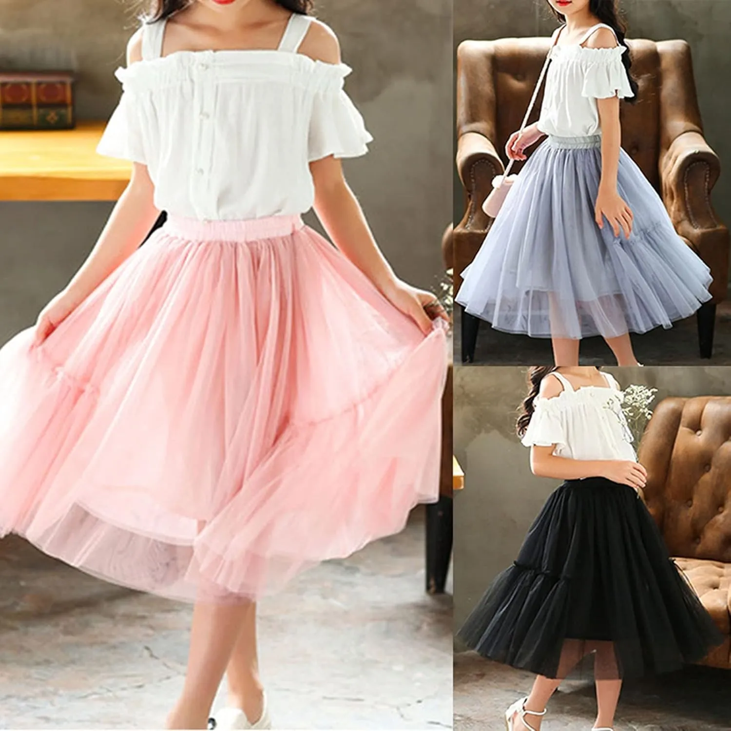 Little Child Girls Long Skirt Girls Tiered Ruffle Maxi Skirts Girls Soft Fluffy Skirt Toddler Girls Ball Gown