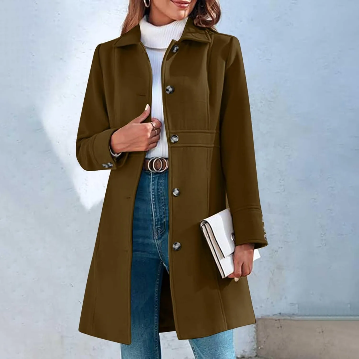 Lmdudan Women's Elegant Single Breasted Coat Long Sleeve Mid Winter Overcoat Work Office Pea Coats Fashion Trench Coats