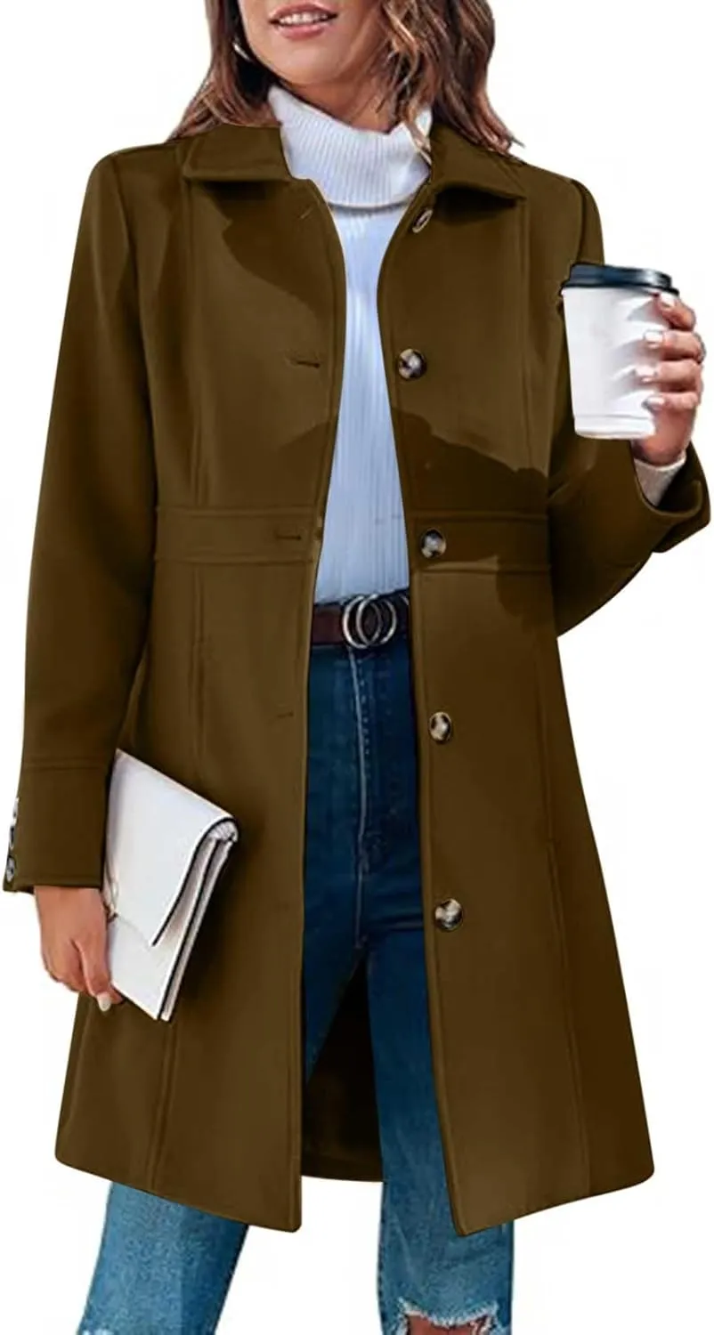 Lmdudan Women's Elegant Single Breasted Coat Long Sleeve Mid Winter Overcoat Work Office Pea Coats Fashion Trench Coats