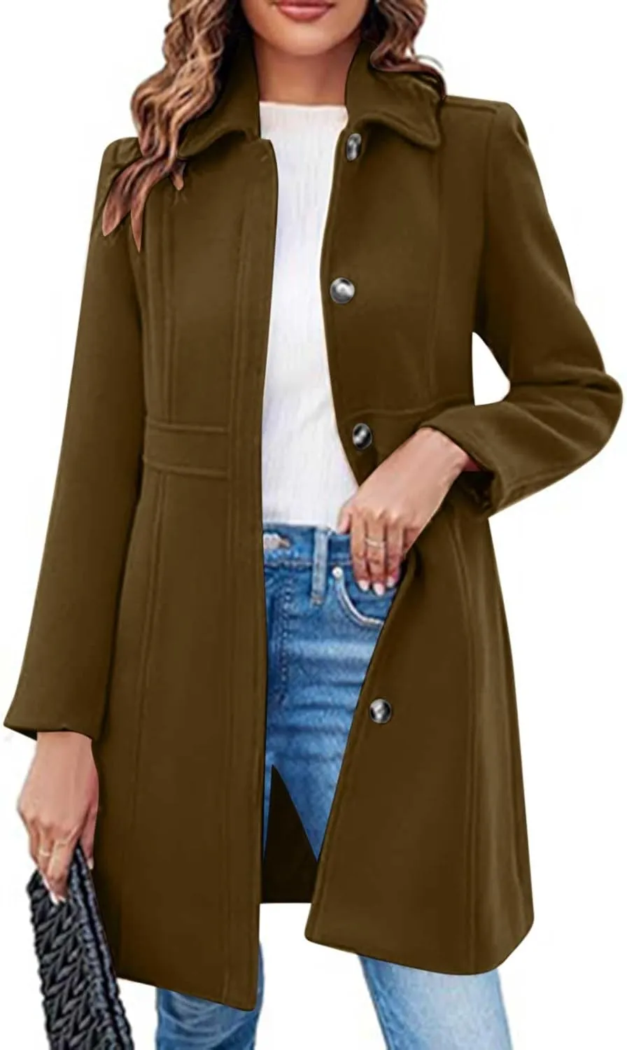 Lmdudan Women's Elegant Single Breasted Coat Long Sleeve Mid Winter Overcoat Work Office Pea Coats Fashion Trench Coats