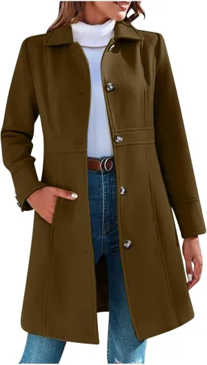 Lmdudan Women's Elegant Single Breasted Coat Long Sleeve Mid Winter Overcoat Work Office Pea Coats Fashion Trench Coats