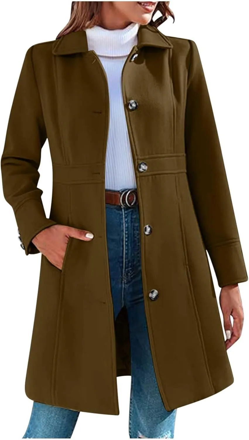 Lmdudan Women's Elegant Single Breasted Coat Long Sleeve Mid Winter Overcoat Work Office Pea Coats Fashion Trench Coats