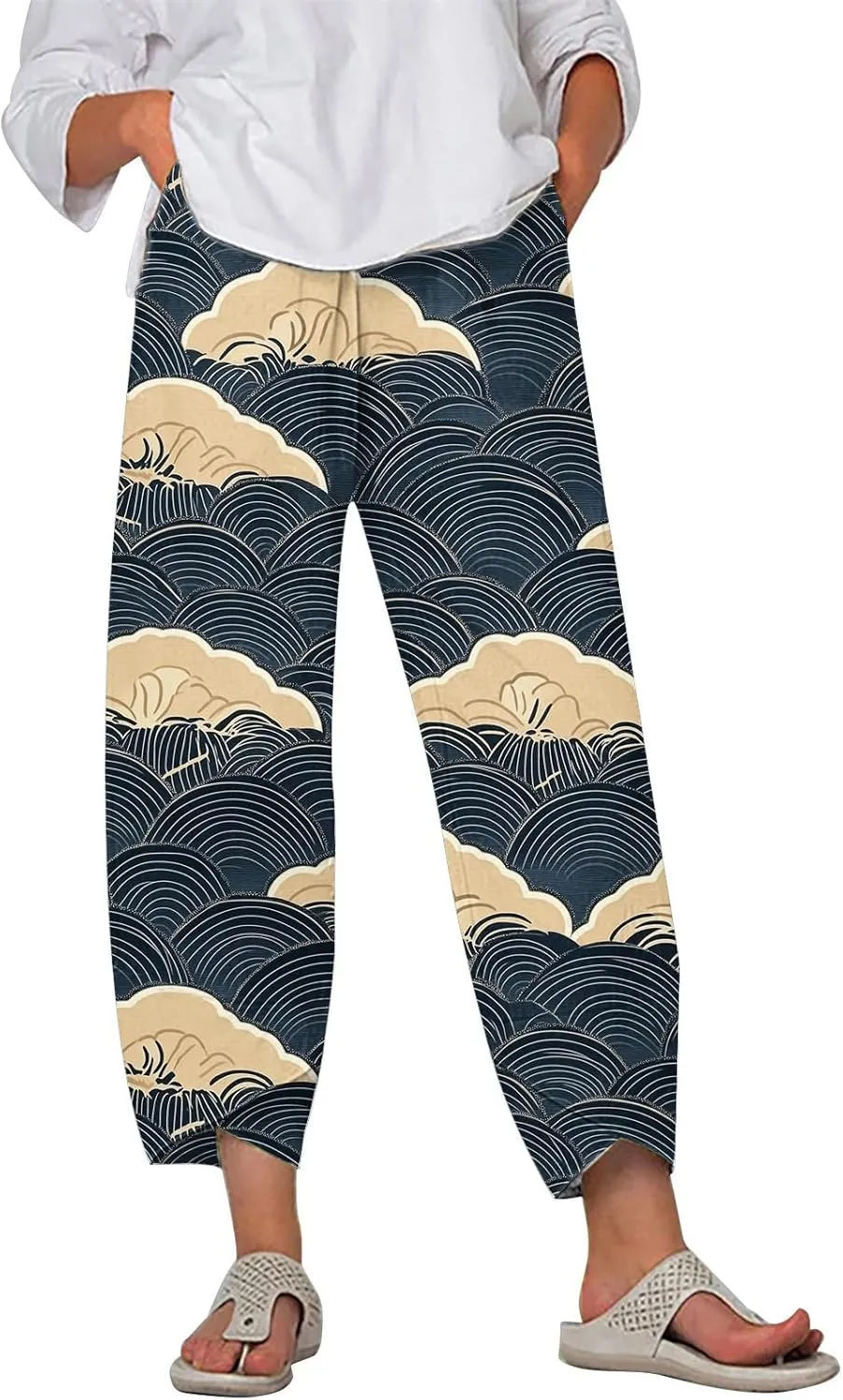 LOAIHA Japanese Pants Cotton Pants Women Wide Leg Elastic Waist Capri Pants Casual Y2k Pants Cropped Trousers with Pockets